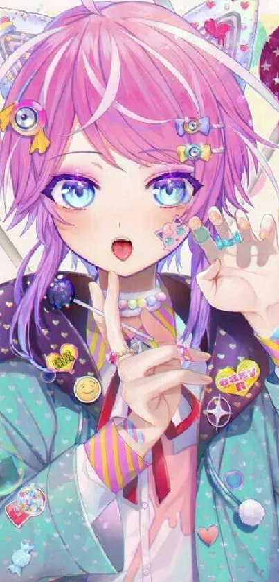 Colorful anime character with pink hair and vibrant accessories.