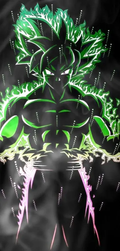 Anime character with neon green glow and smoky background.