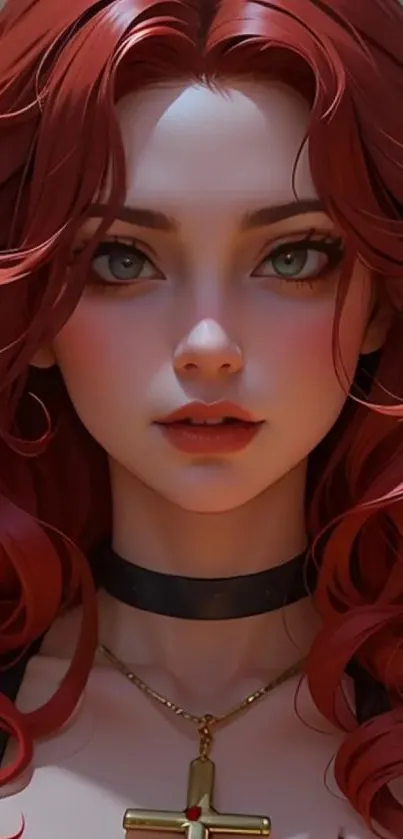 Anime character with red hair and cross necklace.
