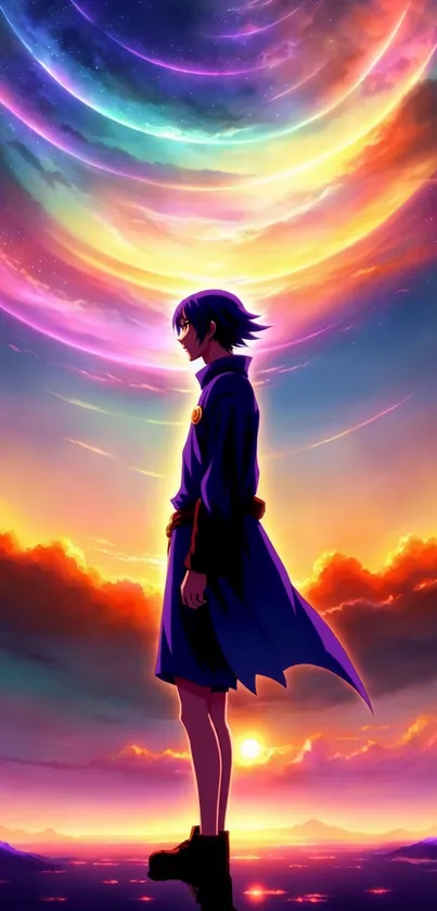 Anime silhouette against colorful sky with vibrant hues.