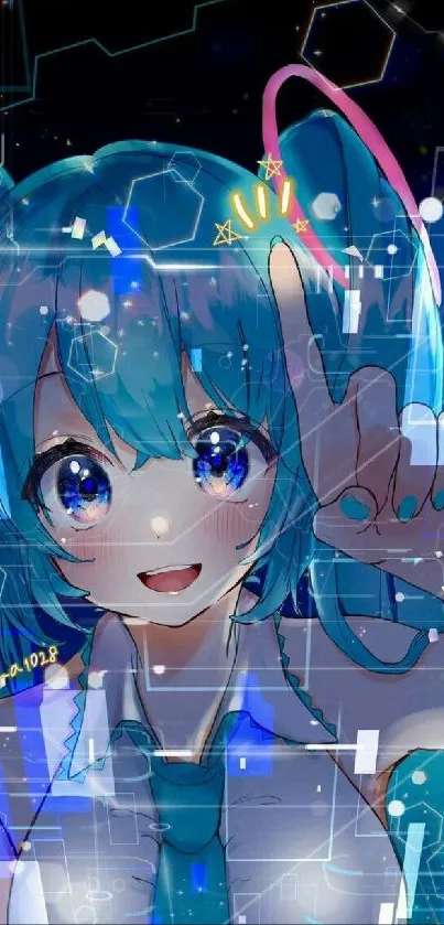 Anime character with blue hair and vibrant background.