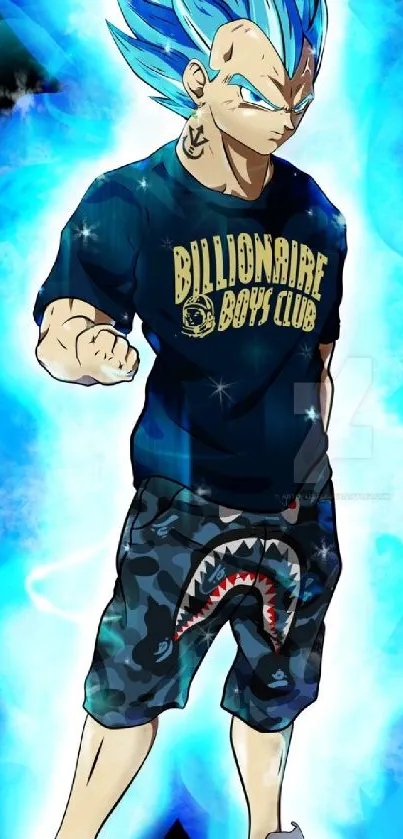 Anime character in blue aura with streetwear.