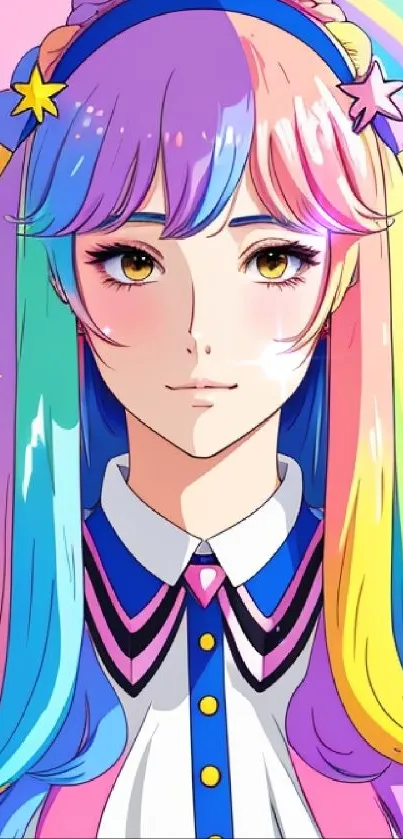 Anime character with rainbow hair and pastel background.