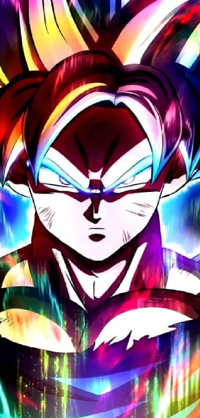 Vibrant anime character with rainbow aura, powerful and striking.