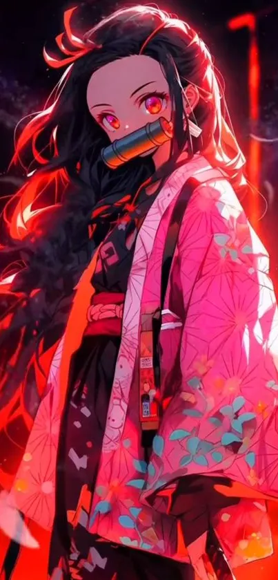 Anime character with vibrant red and pink design in mobile wallpaper.