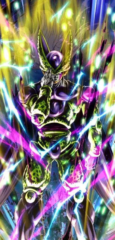 Anime character surrounded by vibrant energy bursts in a colorful display.