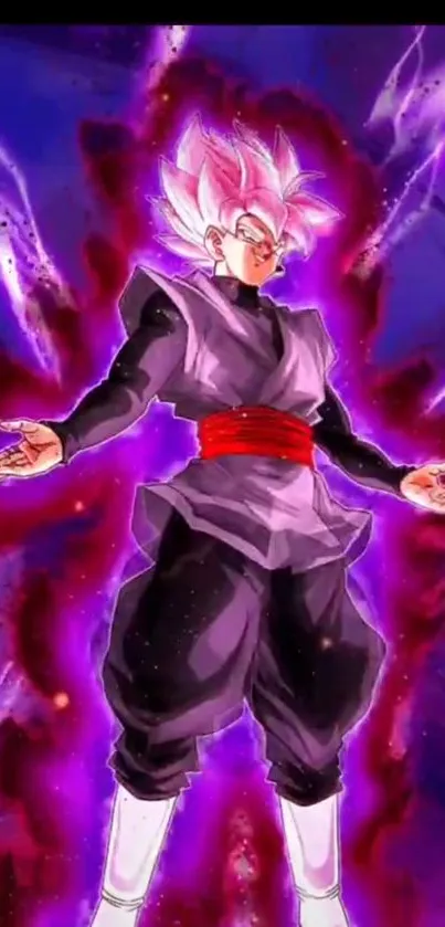 Anime character with vivid purple aura and dynamic pose.