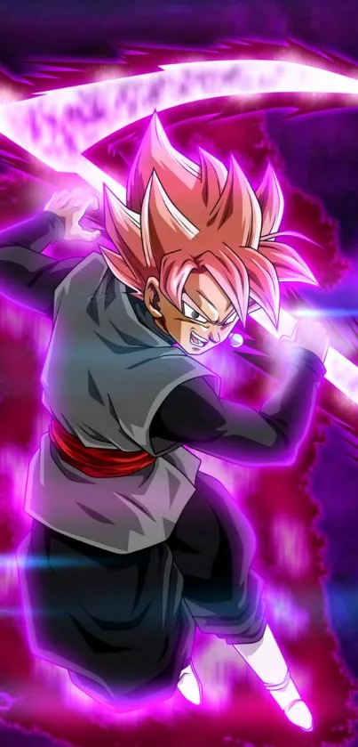 Anime character in dynamic pose with vibrant pink highlights.