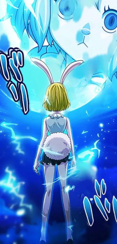 Anime character with rabbit ears under a blue glowing sky.