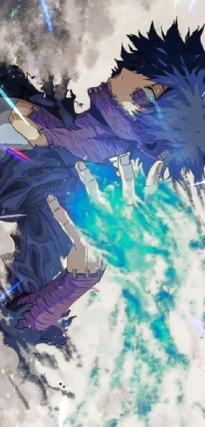 Anime character with vibrant blue aura and dynamic expression.