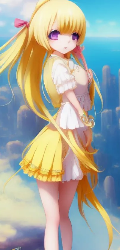 Anime girl with long blonde hair and a vibrant landscape background.