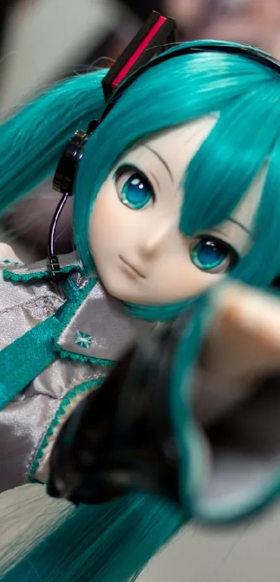 Anime character with turquoise hair and vibrant costume in a dynamic pose.