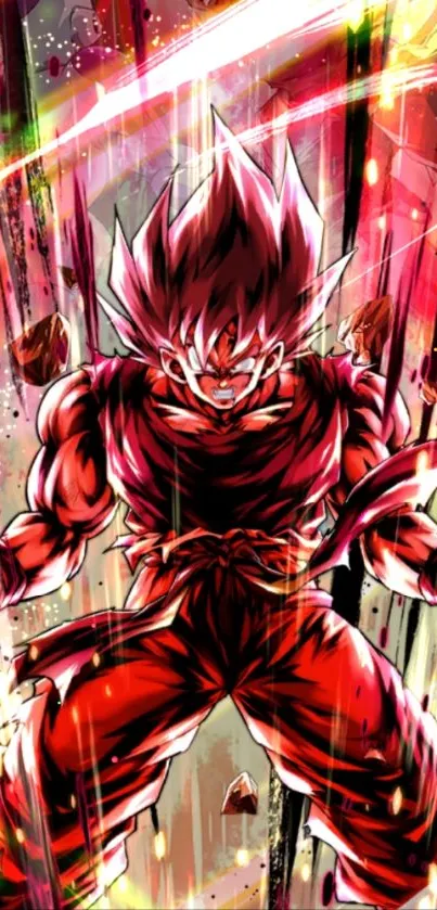 Vibrant anime character with powerful red aura in dynamic pose.