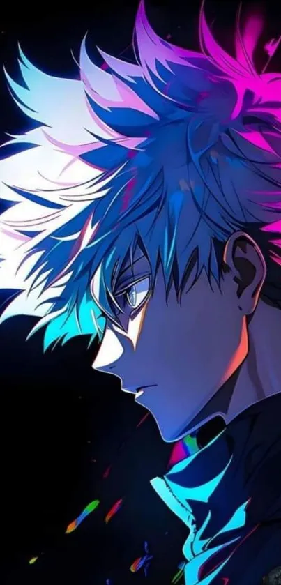 Anime character with vibrant neon hair against black background.