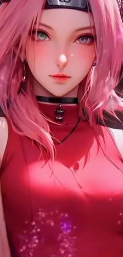 Anime character with pink hair, red outfit on a vibrant background.