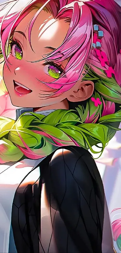 Vibrant anime character with pink hair and bright colors.