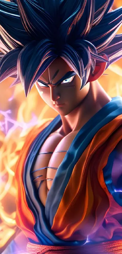 Anime character with fiery backdrop, powerful and vibrant.