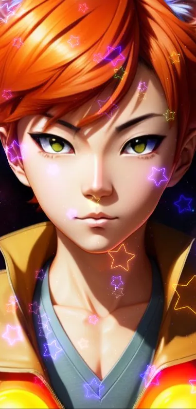 Anime character with orange hair and colorful stars on mobile wallpaper.