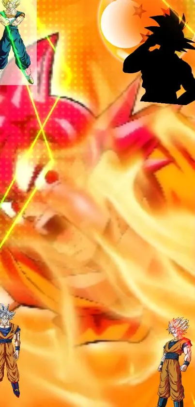 Dynamic anime characters on fiery orange background wallpaper.