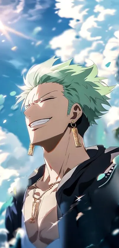 Anime character with green hair and smile against a sky backdrop.