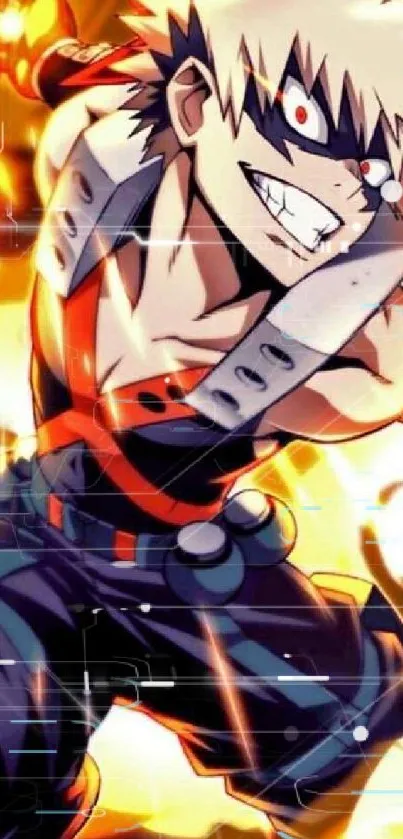 Anime hero in action with fiery background and vibrant colors.