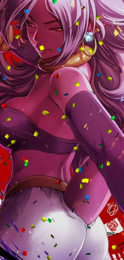 Vibrant anime character with confetti, rich reds and purples for mobile wallpaper.