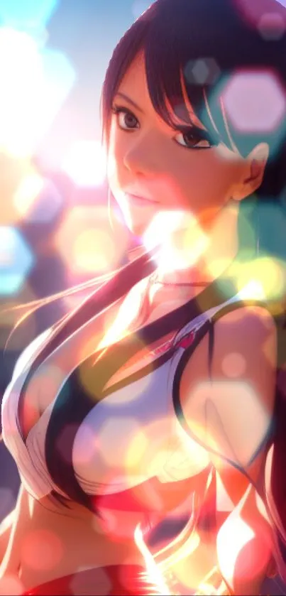 Anime character with vibrant bokeh lighting in a colorful, dynamic design.