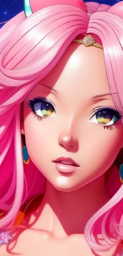 Anime character with pink hair and vibrant design, set against a starry background.