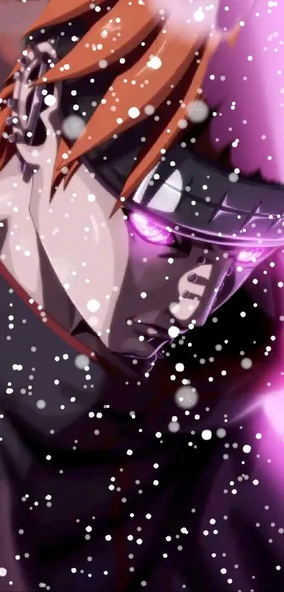 Anime character in vibrant colors with snow-like effects and striking purple aura.