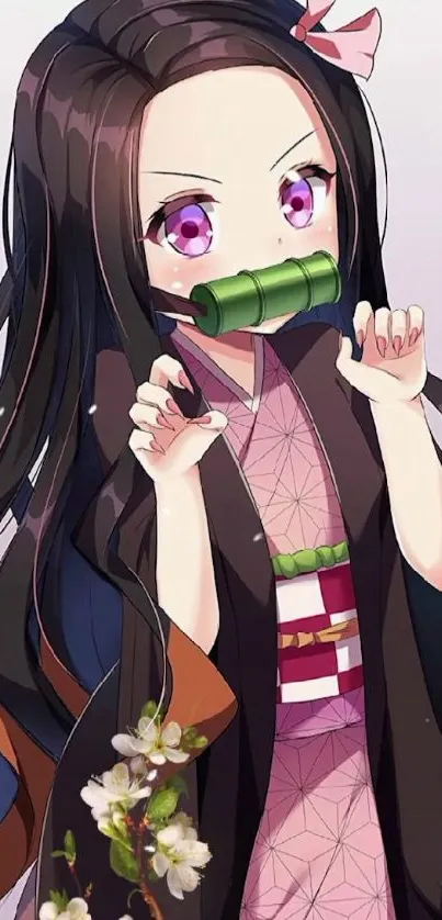 Anime character with purple eyes and kimono, vibrant design.