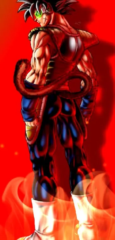 Vibrant anime character standing against a bold red background.