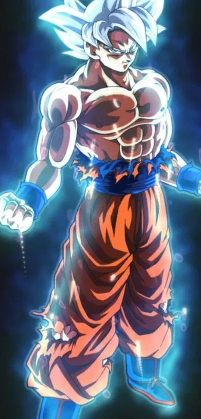 Anime character with blue aura and orange pants glowing intensely.