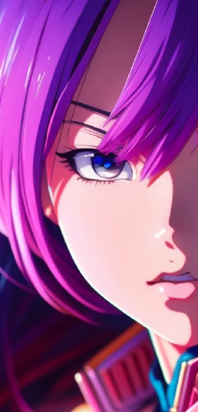 Vibrant anime character with purple hair and blue eyes.