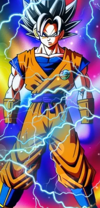 Vibrant anime character with lightning on colorful background.