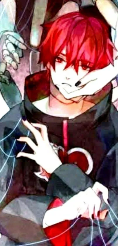 Anime character with red hair and a dark hoodie surrounded by hands.