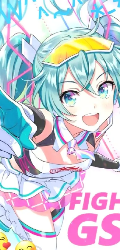 Anime character with teal hair in vibrant design.