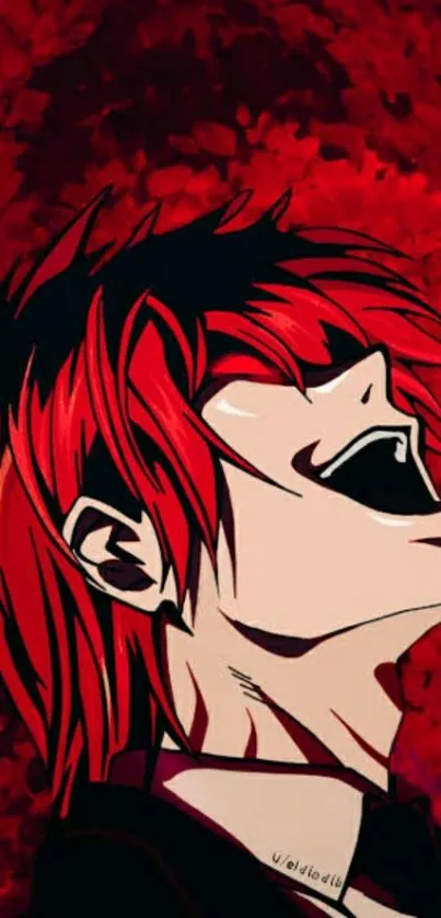 Vibrant anime character with red hair and intense expression on wallpaper.