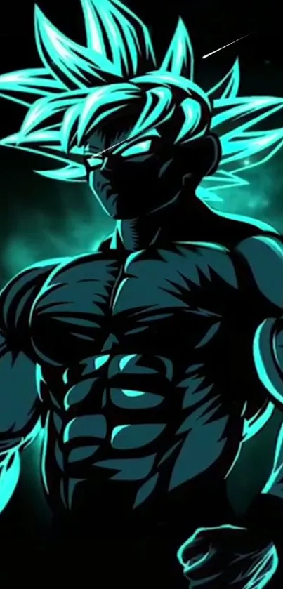 Anime character with neon blue aura on black background.