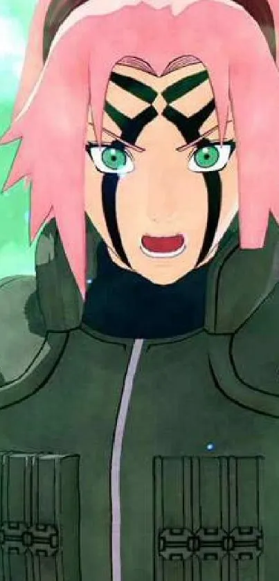 Anime character with pink hair in front of a green background.