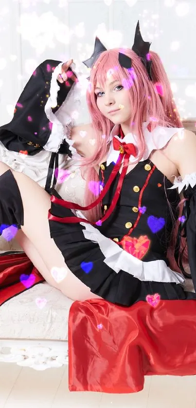Anime character in vibrant cosplay attire on elegant sofa.