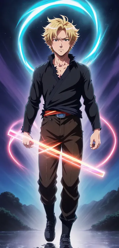 Anime character with vibrant light effects in action pose.