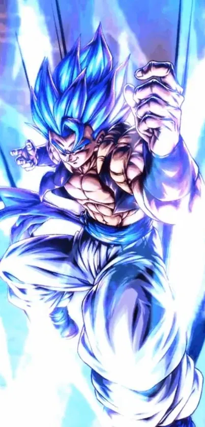 Energetic anime character with blue aura in dynamic action pose.