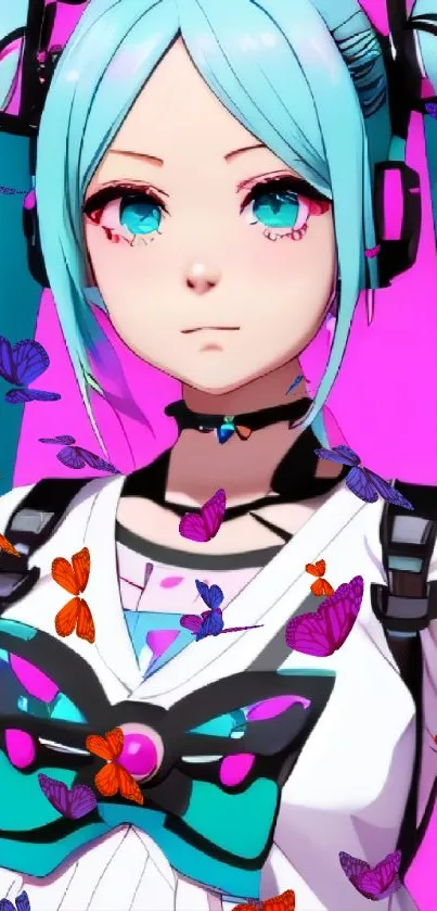 Anime character with teal hair on a pink background wallpaper.