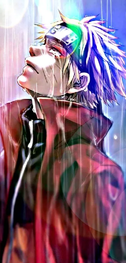 Anime character looking up at the rain, vibrant colors and compelling design.