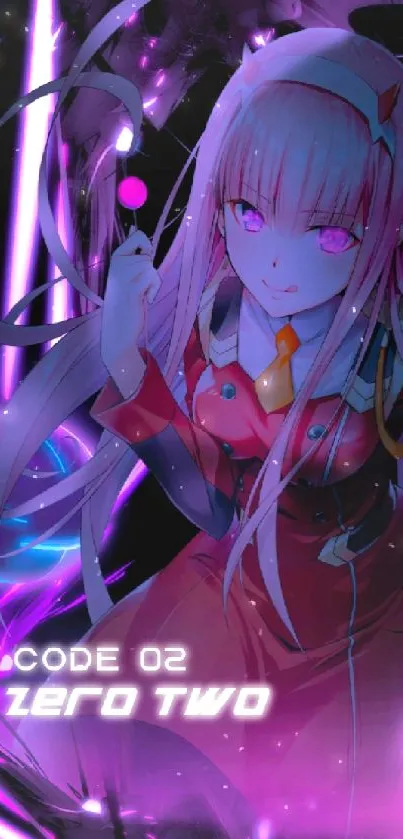 Anime character with neon lights in a vibrant purple theme.