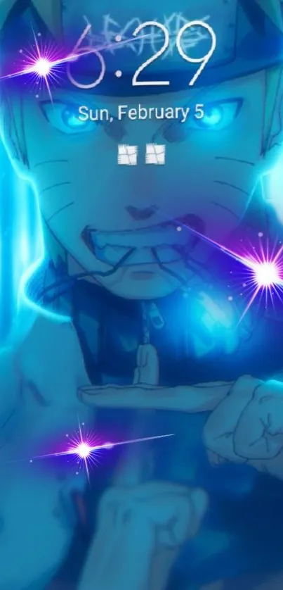 Energetic anime character with vibrant blue aura and light effects.