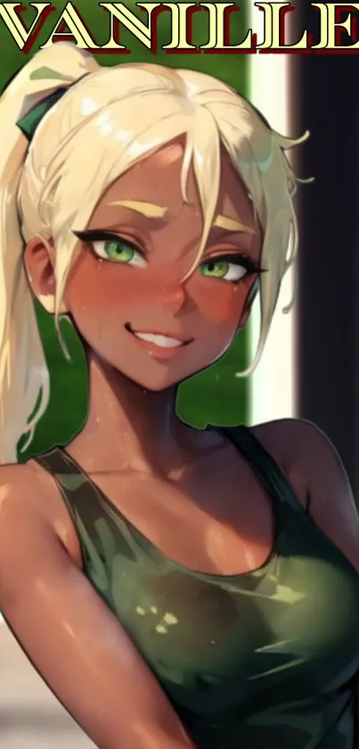 Anime girl in green top with blond hair and smiling expression.