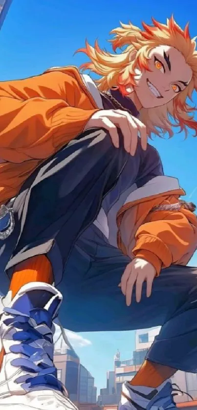 Anime character with vibrant orange jacket and urban background.