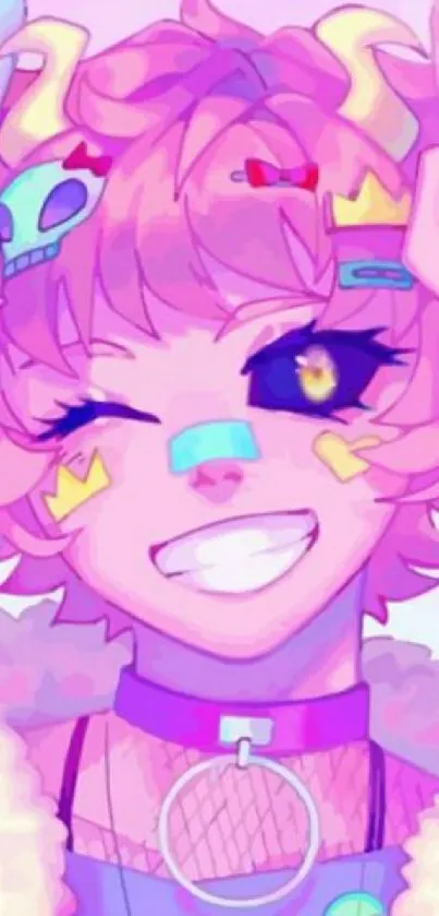 Anime character with vibrant colors and playful accessories.