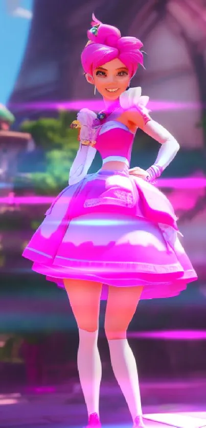 Vibrant anime character with pink outfit in a colorful fantasy world.